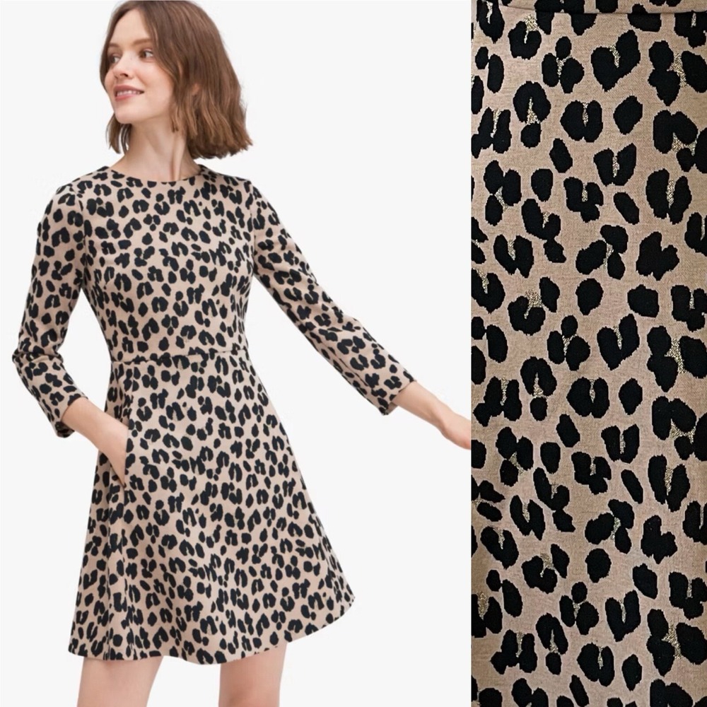 Kate Spade Forest Feline Jacquard Leopard Knit Dress Fit Flare Stretch Pockets 2